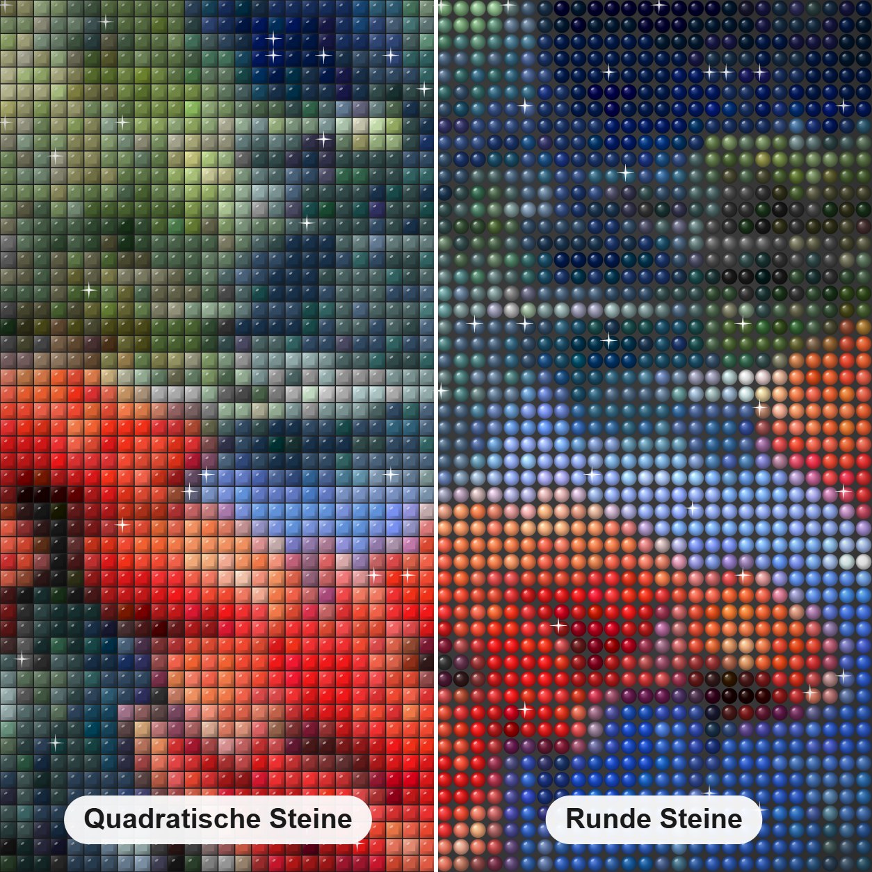 Mohnblumen am See Diamond Painting Nahaufnahme mit quadratischen und runden Steinen