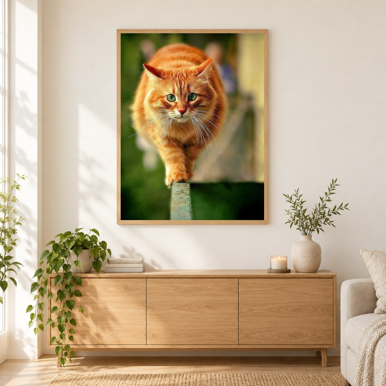 Mollige Katze als gerahmtes Diamond Painting im Wohnzimmer