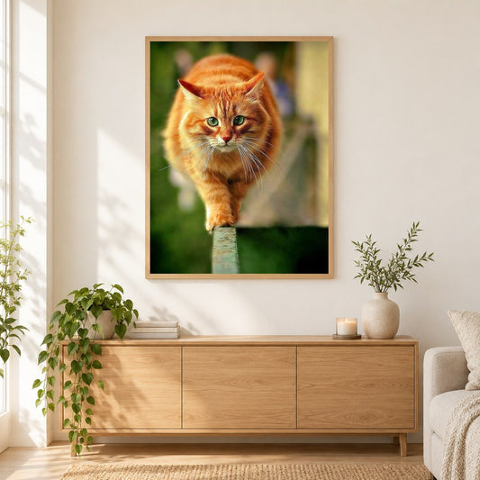 Mollige Katze als gerahmtes Diamond Painting im Wohnzimmer