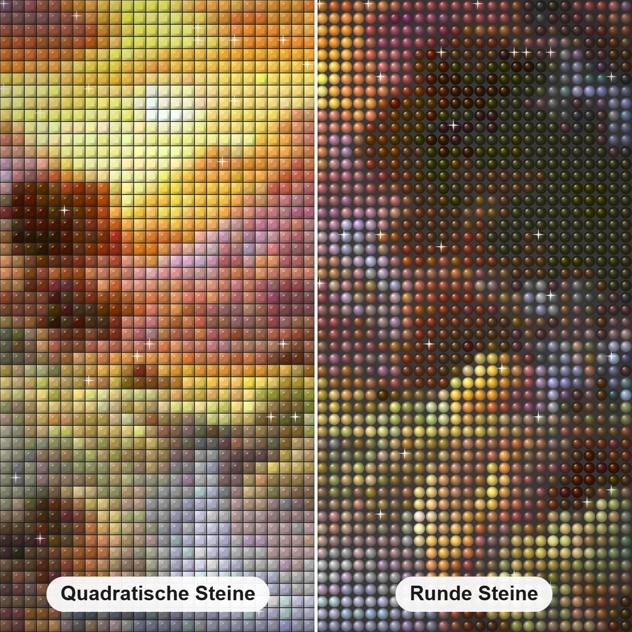 Morgensonne Diamond Painting Nahaufnahme mit quadratischen und runden Steinen