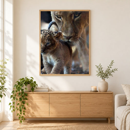 Mutter & Baby Löwe als gerahmtes Diamond Painting im Wohnzimmer