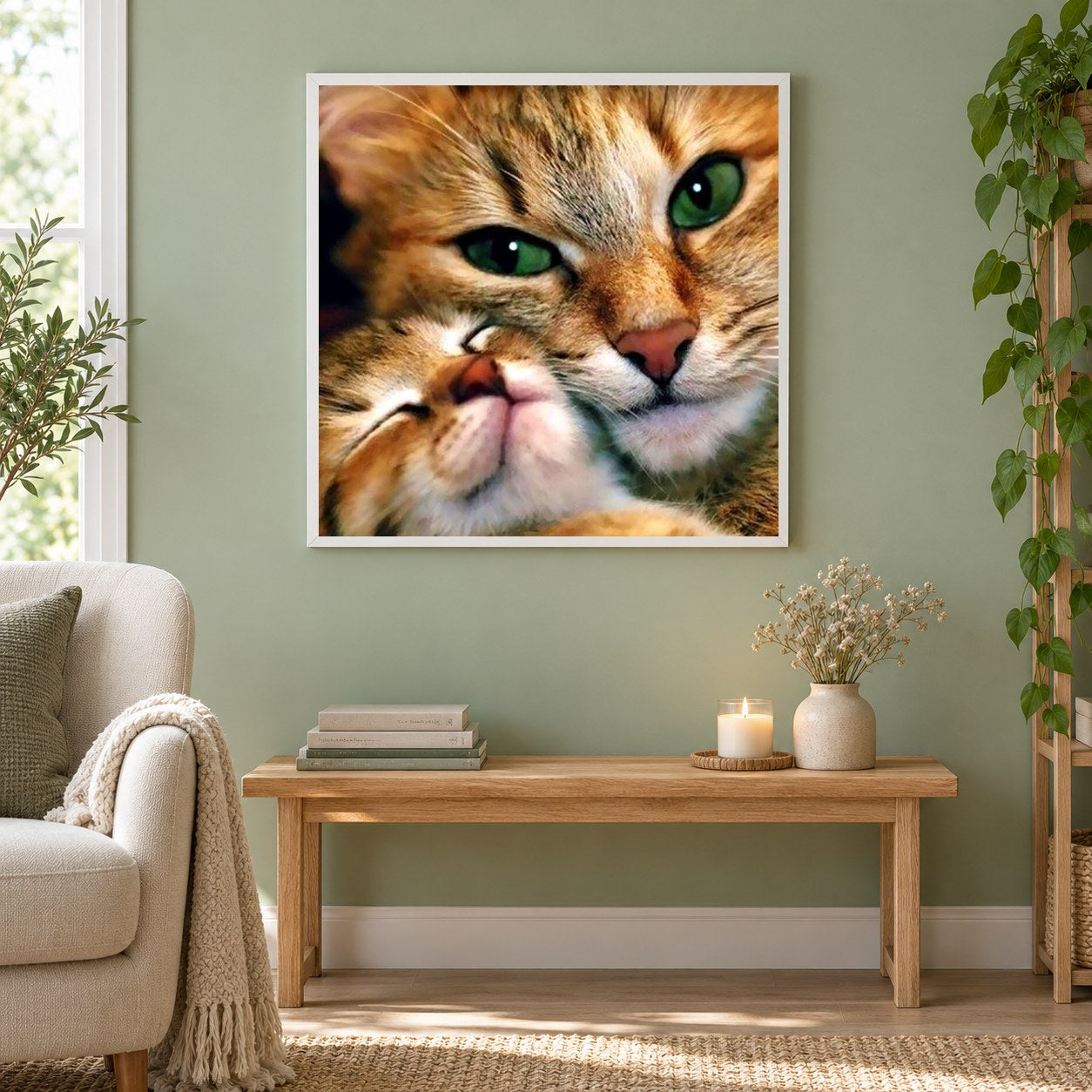 Mutter Katze & Baby Katze als gerahmtes Diamond Painting im Wohnzimmer