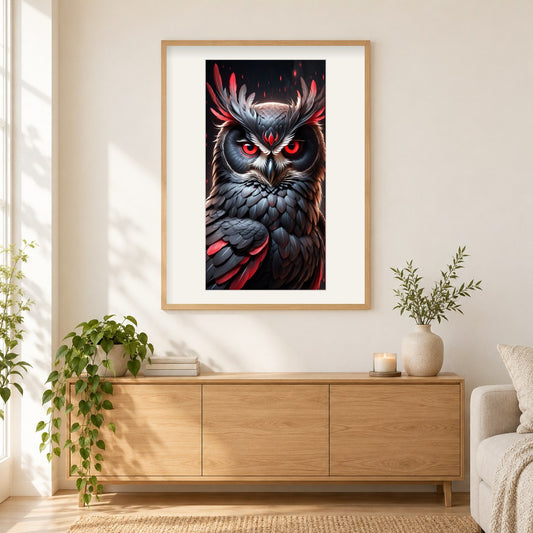 Mysteriöse Aura der Rotaugeneule als gerahmtes Diamond Painting im Wohnzimmer