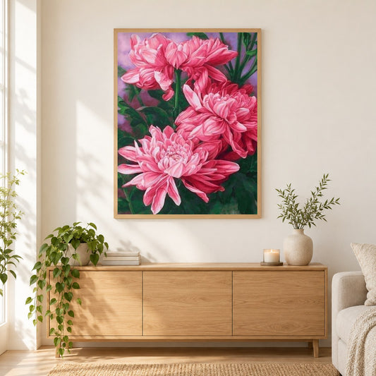 Mystische Pfingstrosen als gerahmtes Diamond Painting im Wohnzimmer