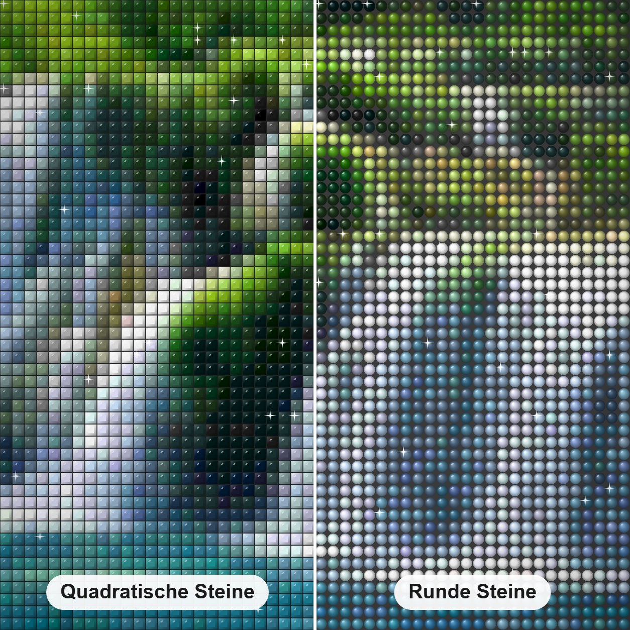 Natürliche Wasserfall Diamond Painting Nahaufnahme mit quadratischen und runden Steinen