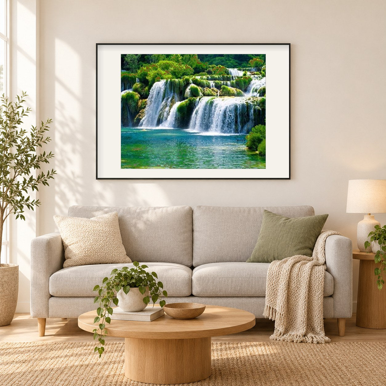 Natürliche Wasserfall als gerahmtes Diamond Painting im Wohnzimmer