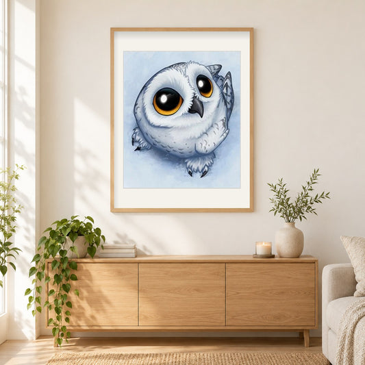 Nette Babyeule als gerahmtes Diamond Painting im Wohnzimmer