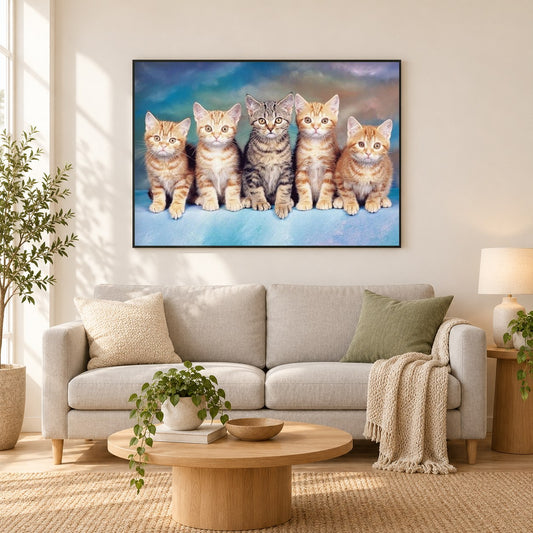 Nette Gruppe von Katzen als gerahmtes Diamond Painting im Wohnzimmer