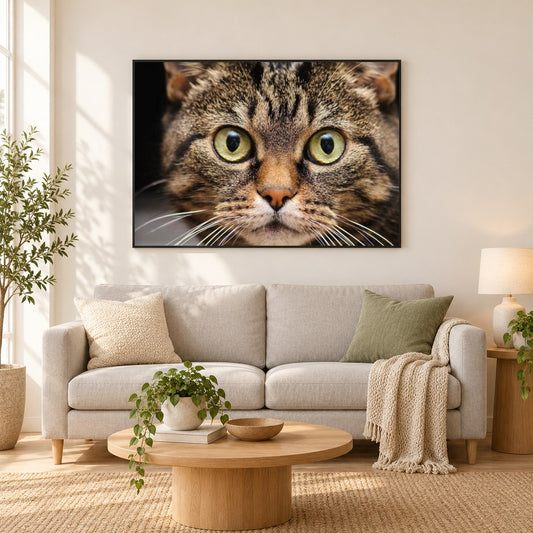 Nette Katze mit großen Augen als gerahmtes Diamond Painting im Wohnzimmer