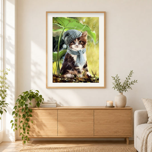 Nette Katze mit Mütze & Schal als gerahmtes Diamond Painting im Wohnzimmer