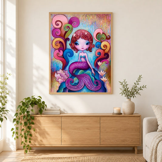 Nette kleine Meerjungfrau als gerahmtes Diamond Painting im Wohnzimmer