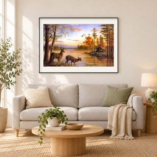 Nettes Buck & Doe Paar Trinkwasser als gerahmtes Diamond Painting im Wohnzimmer