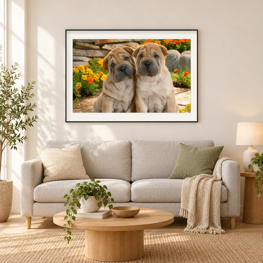 Nettes Hundepaar - Shar Pei Rasse als gerahmtes Diamond Painting im Wohnzimmer