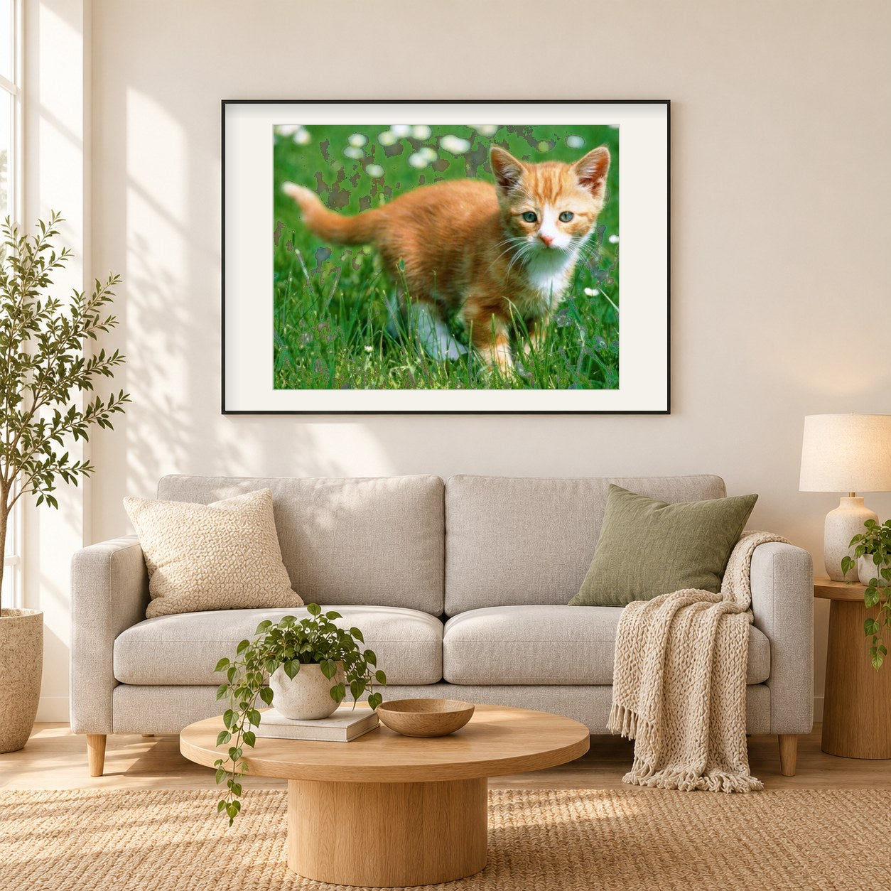 Nettes Kätzchen und Grünes Gras als gerahmtes Diamond Painting im Wohnzimmer