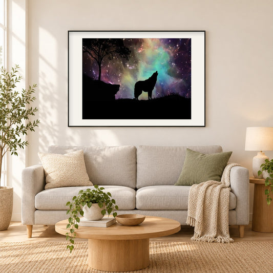 Nordlichter & Heulender Wolf als gerahmtes Diamond Painting im Wohnzimmer