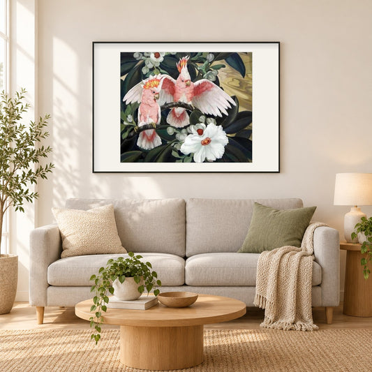Nymphensittich Papageien & Blumen als gerahmtes Diamond Painting im Wohnzimmer