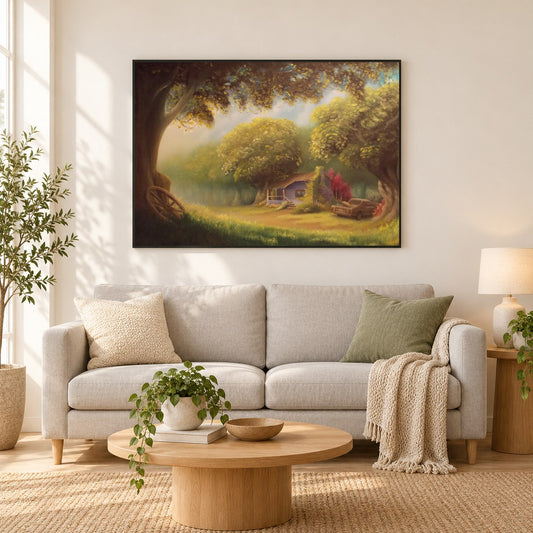Alte Obstgartenstraße - Kunst des Liam Kelly als gerahmtes Diamond Painting im Wohnzimmer