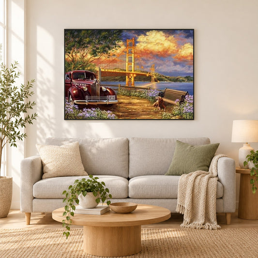 Oldtimer & Hängebrücke als gerahmtes Diamond Painting im Wohnzimmer
