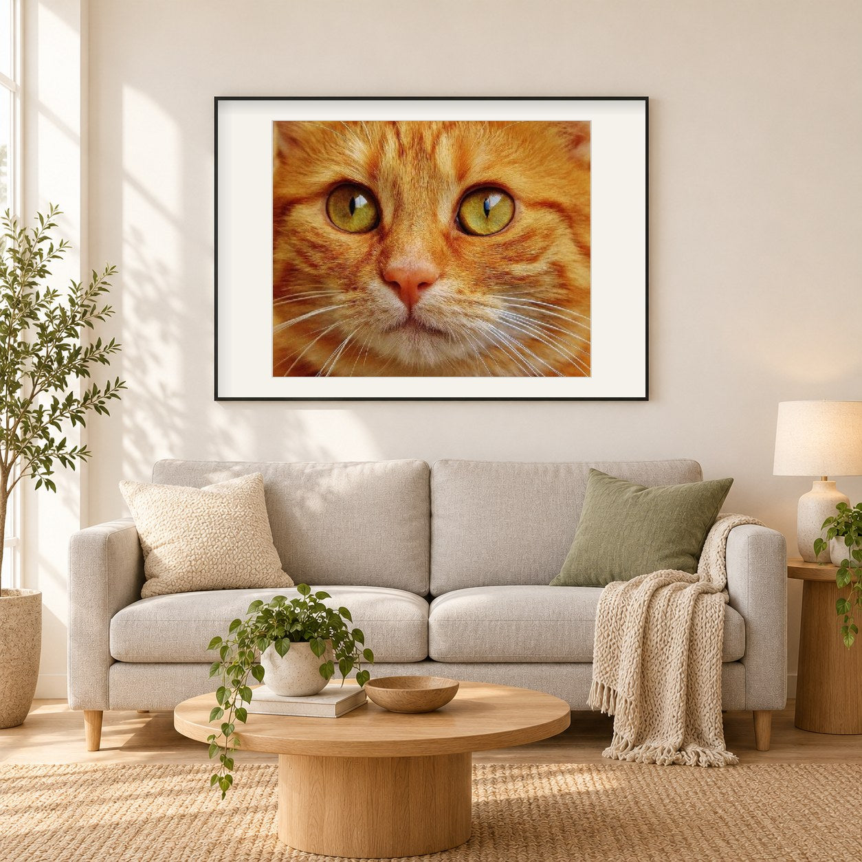 Orange Tabby Katze als gerahmtes Diamond Painting im Wohnzimmer
