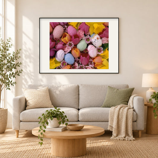 Ostereier & Blumen als gerahmtes Diamond Painting im Wohnzimmer