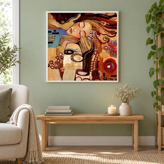 Paar abstraktes Porträt als gerahmtes Diamond Painting im Wohnzimmer