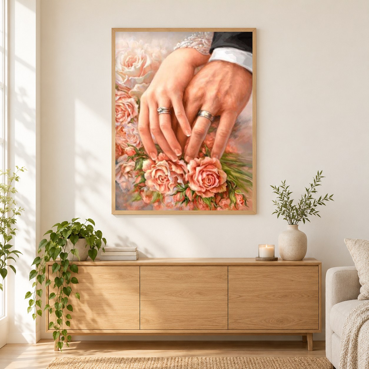 Paar, das Rosen pflückt als gerahmtes Diamond Painting im Wohnzimmer