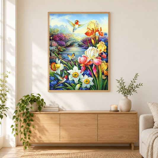 Paar Kolibris & Blumen als gerahmtes Diamond Painting im Wohnzimmer