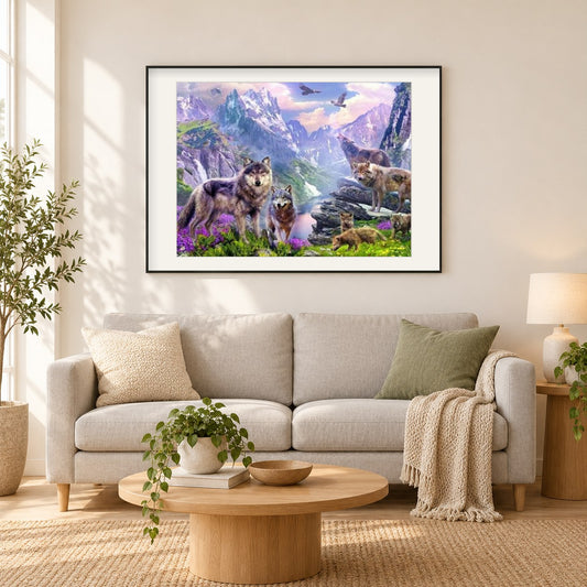 Packung Wölfe als gerahmtes Diamond Painting im Wohnzimmer