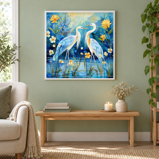 Kranichpaar als gerahmtes Diamond Painting im Wohnzimmer