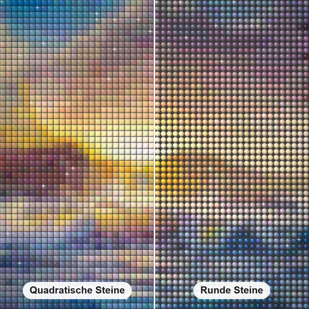 Palmen & Berge am Meer Diamond Painting Nahaufnahme mit quadratischen und runden Steinen