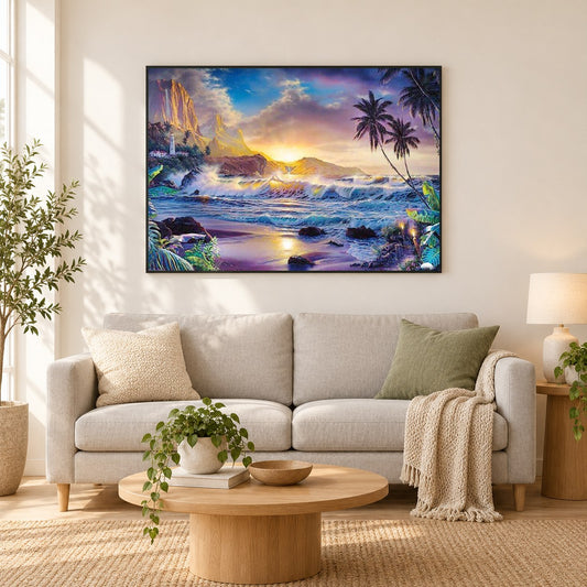 Palmen & Berge am Meer als gerahmtes Diamond Painting im Wohnzimmer