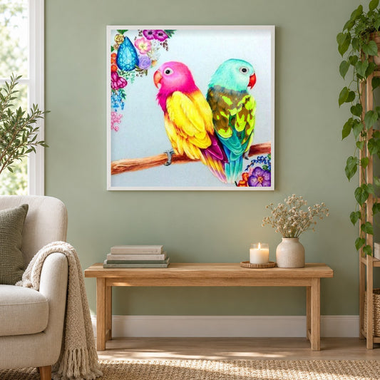Papageien Paar als gerahmtes Diamond Painting im Wohnzimmer