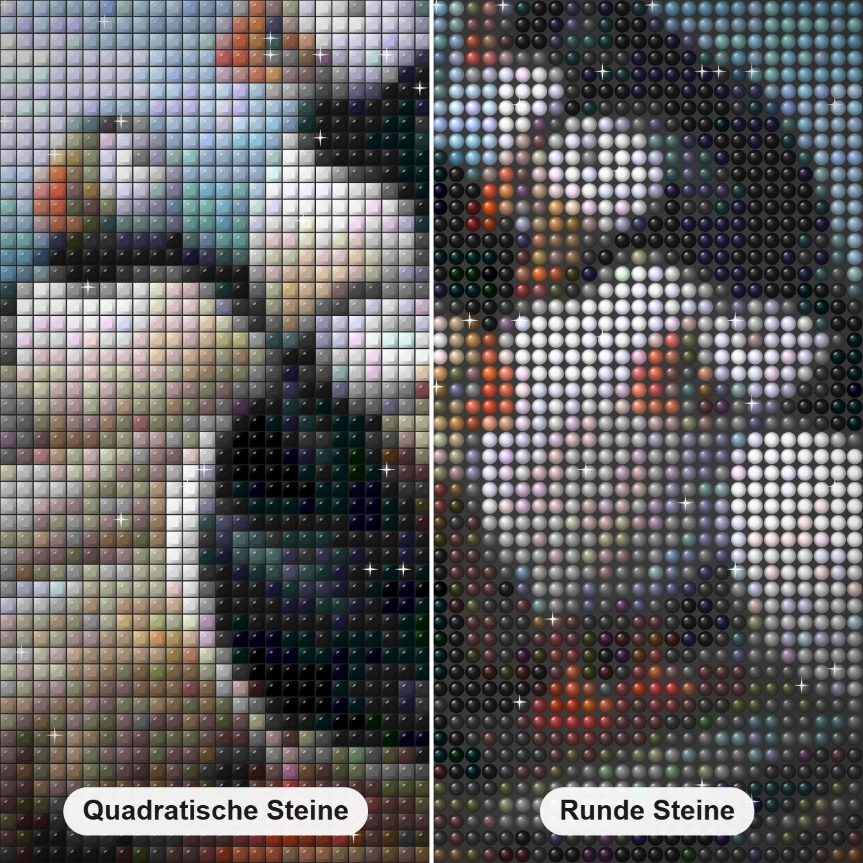 Papageientaucher Diamond Painting Nahaufnahme mit quadratischen und runden Steinen