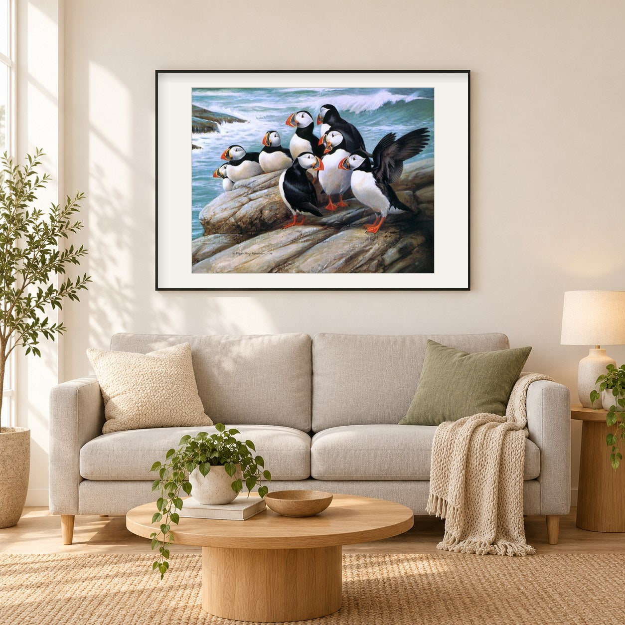 Papageientaucher als gerahmtes Diamond Painting im Wohnzimmer