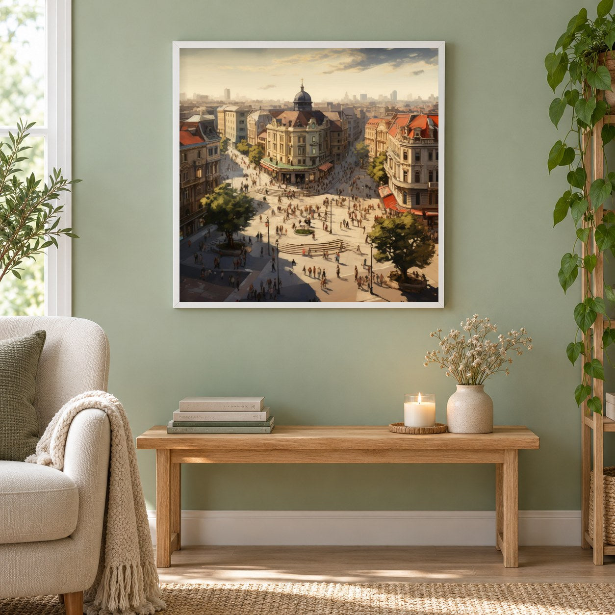 Paris Courtyard City – Diamantkunst als gerahmtes Diamond Painting im Wohnzimmer