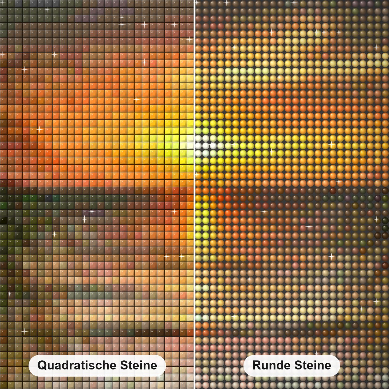 Peaceful Sunset Diamond Painting Nahaufnahme mit quadratischen und runden Steinen