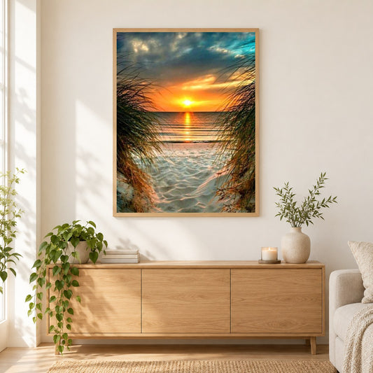 Peaceful Sunset als gerahmtes Diamond Painting im Wohnzimmer