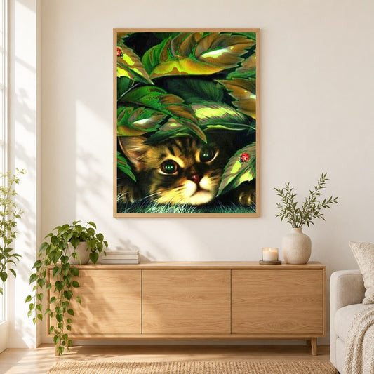 Peeping Katze als gerahmtes Diamond Painting im Wohnzimmer