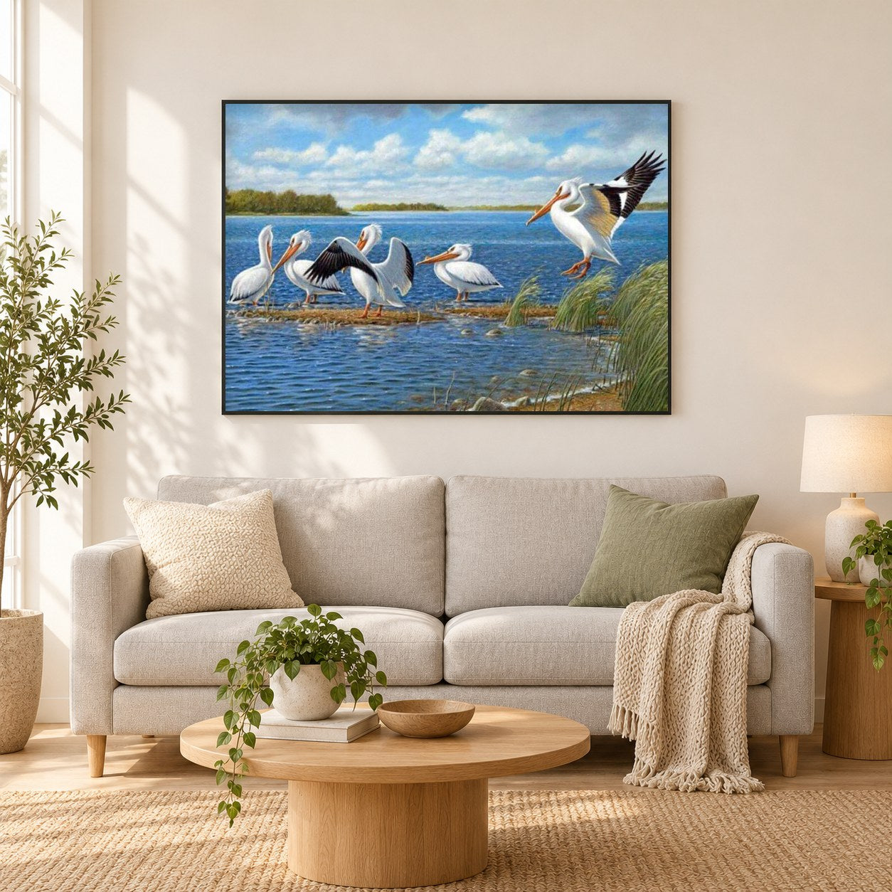 Pelikane als gerahmtes Diamond Painting im Wohnzimmer