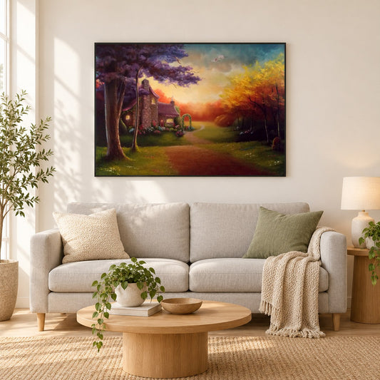 Perfekter Abschluss eines perfekten Tages - Kunst des Liam Kelly als gerahmtes Diamond Painting im Wohnzimmer