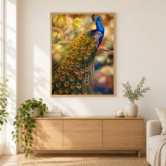 Pfau sitzt auf Ast als gerahmtes Diamond Painting im Wohnzimmer