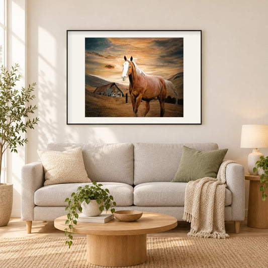 Pferd als gerahmtes Diamond Painting im Wohnzimmer