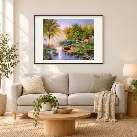 Pferde, die am See grasen als gerahmtes Diamond Painting im Wohnzimmer