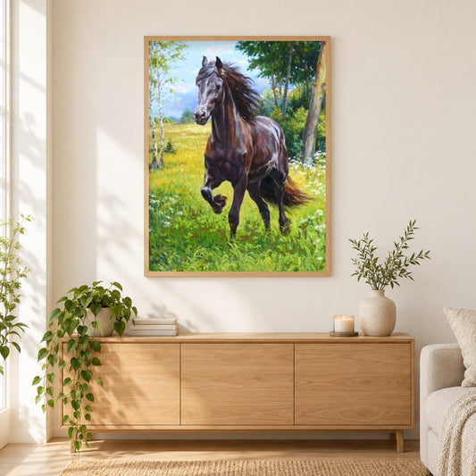 Pferd galoppiert über die Wiese als gerahmtes Diamond Painting im Wohnzimmer