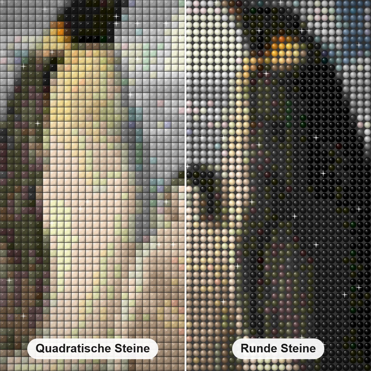 Pinguin Familie Diamond Painting Nahaufnahme mit quadratischen und runden Steinen