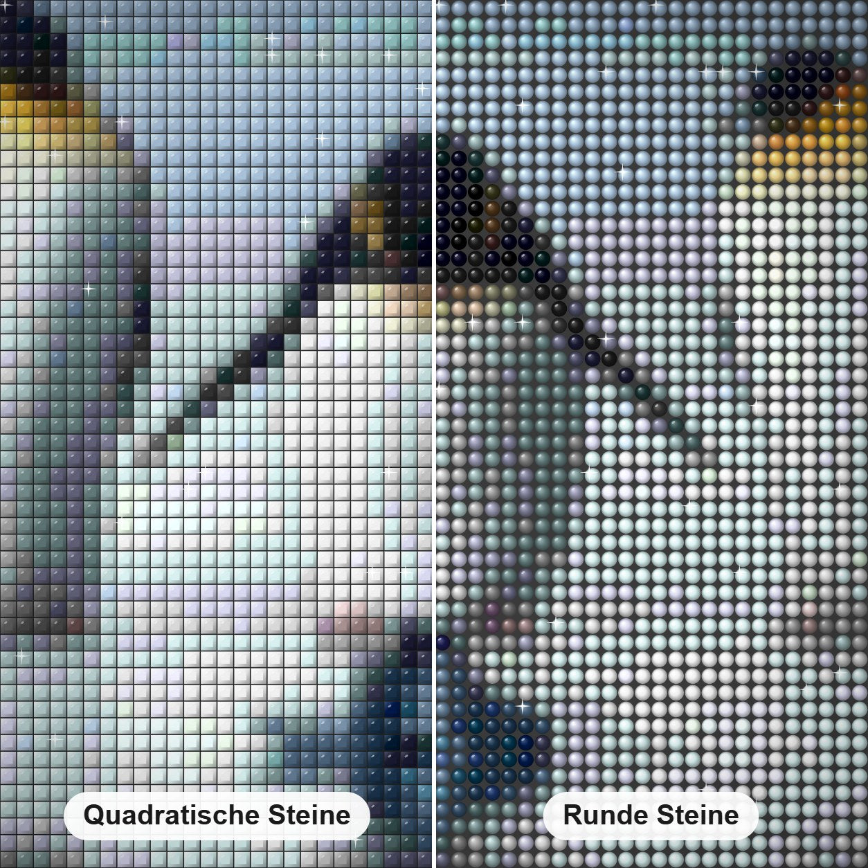 Pinguine Diamond Painting Nahaufnahme mit quadratischen und runden Steinen