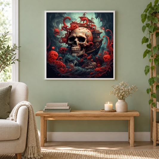 Piratenschädel-Diamantkunst als gerahmtes Diamond Painting im Wohnzimmer