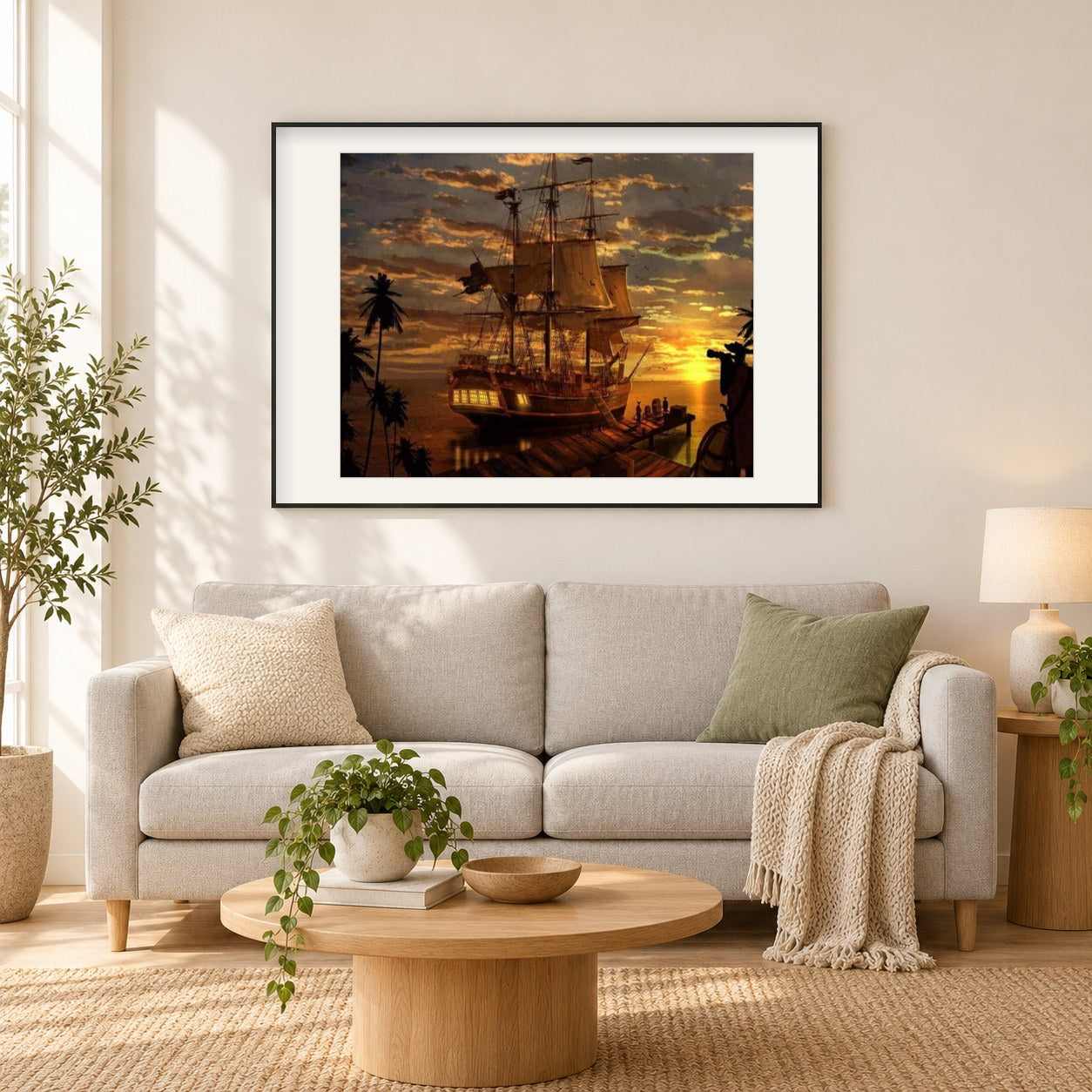 Piratenschiff als gerahmtes Diamond Painting im Wohnzimmer