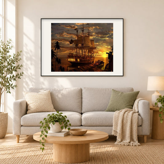 Piratenschiff als gerahmtes Diamond Painting im Wohnzimmer