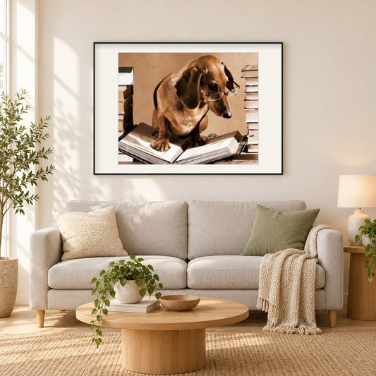 Professor Dog als gerahmtes Diamond Painting im Wohnzimmer